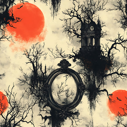 orange sun, red moon, bare trees, gothic tower, ornate mirror, vintage frame, spooky atmosphere, dark silhouettes, cream background, halloween theme, gothic architecture, leafless branches, eerie mood, quilting cotton, fabric panel, autumn colors, haunted manor, mysterious scene, dramatic sky, horror aesthetic