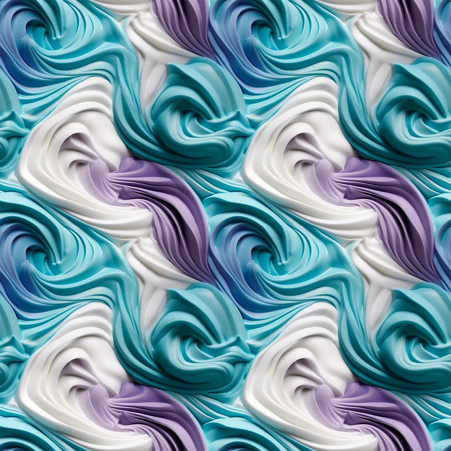 turquoise, teal, purple, lavender, white, cream, swirled frosting, buttercream swirls, dessert pattern, bakery theme, sweet treats, marbled effect, flowing curves, glossy finish, quilting cotton, fabric panel, confectionery design, pastel colors, food motif, creamy texture