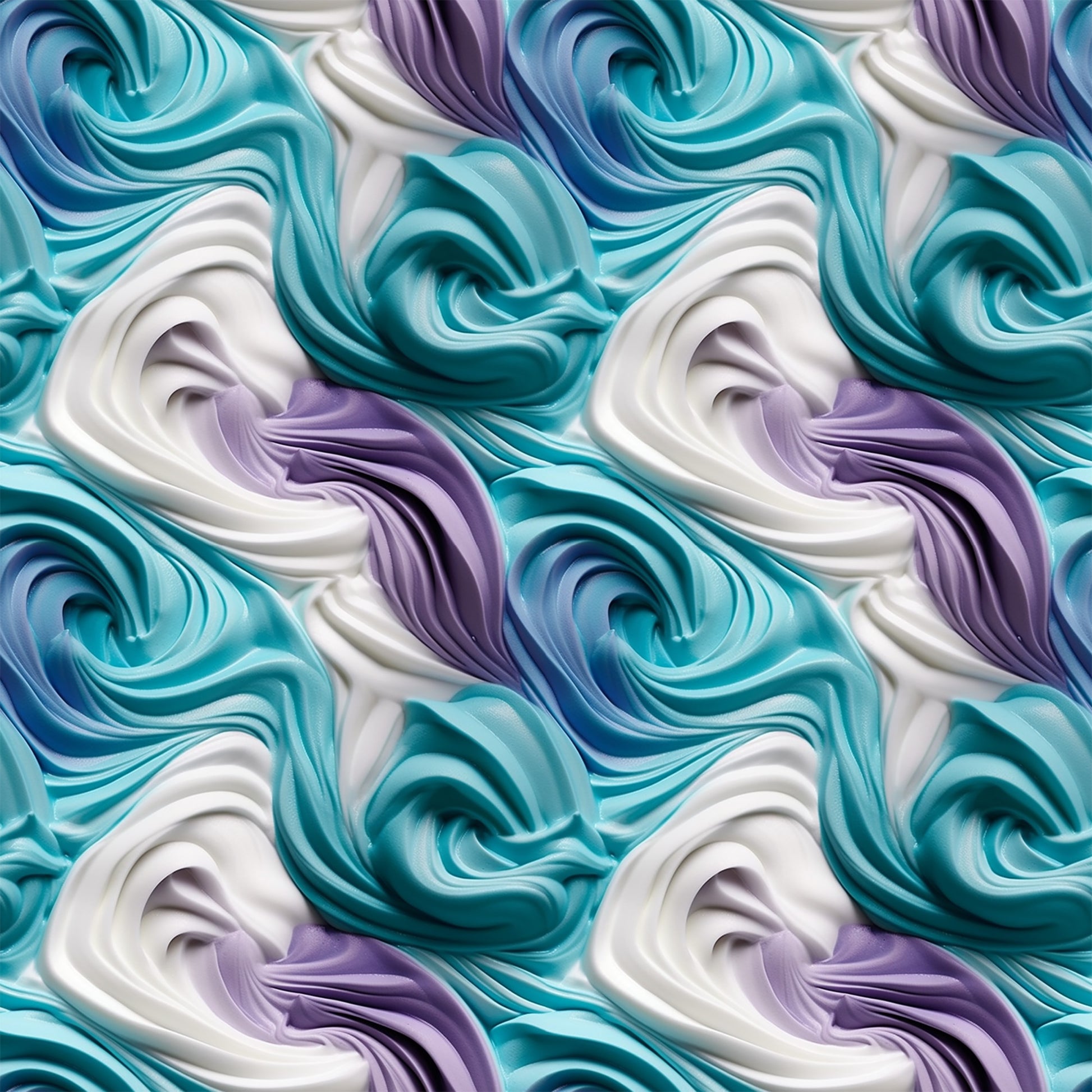 turquoise, teal, purple, lavender, white, cream, swirled frosting, buttercream swirls, dessert pattern, bakery theme, sweet treats, marbled effect, flowing curves, glossy finish, quilting cotton, fabric panel, confectionery design, pastel colors, food motif, creamy texture