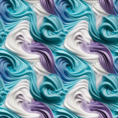 turquoise, teal, purple, lavender, white, cream, swirled frosting, buttercream swirls, dessert pattern, bakery theme, sweet treats, marbled effect, flowing curves, glossy finish, quilting cotton, fabric panel, confectionery design, pastel colors, food motif, creamy texture