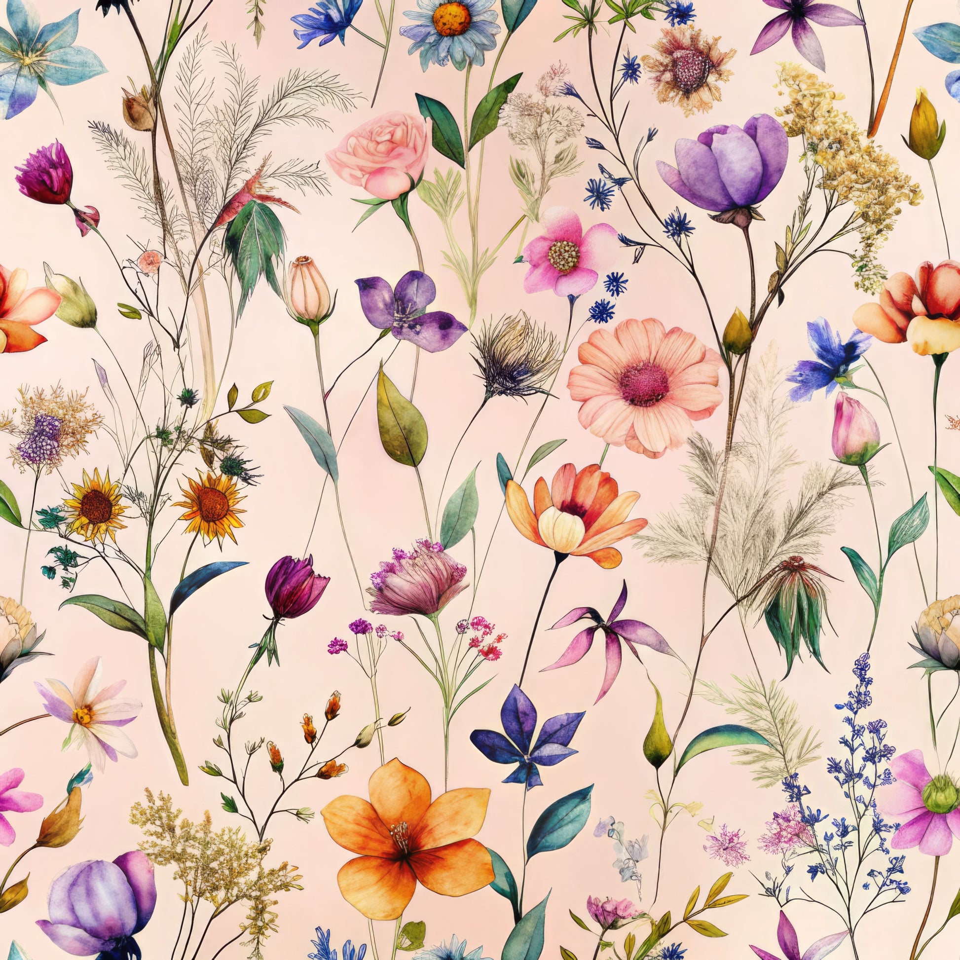 botanical pattern, wildflowers, watercolor style, pink background, purple flowers, coral blooms, yellow daisies, blue blossoms, delicate stems, nature motif, quilting cotton, fabric panel, whimsical florals, meadow flowers, soft pastels, scattered blooms, organic arrangement, spring flowers, artistic illustration, cotton fabric