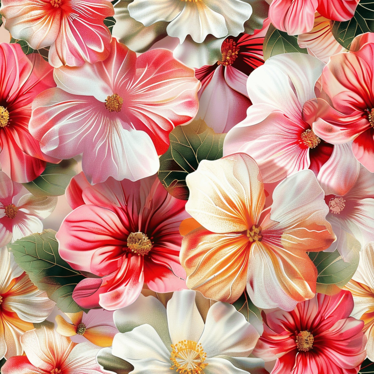coral flowers, pink blooms, white petals, orange accents, green leaves, hibiscus pattern, tropical flowers, realistic floral, seamless design, quilting cotton, fabric panel, botanical print, layered petals, flower centers, nature motif, vibrant colors, detailed artwork, summer blooms, overlapping flowers, lush foliage