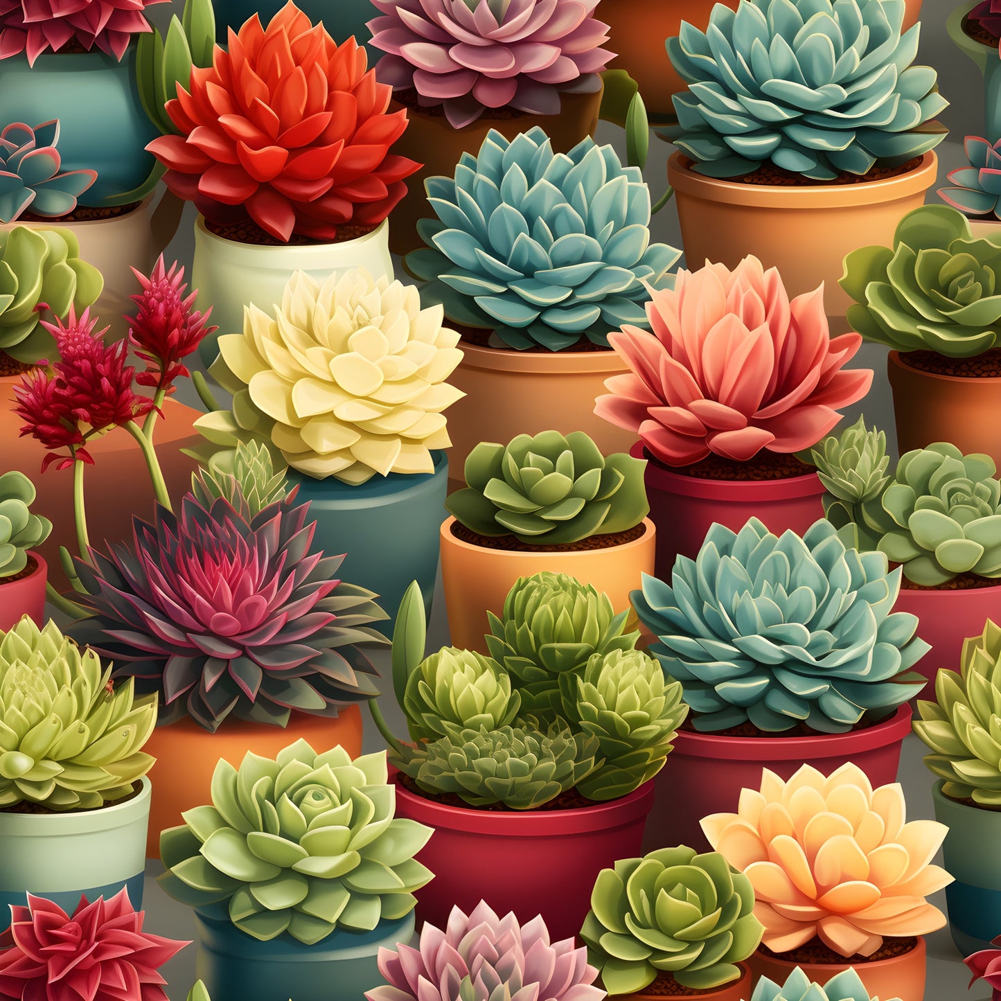succulents, potted plants, quilting cotton, fabric panel, botanical pattern, terracotta pots, colorful planters, coral pink, sage green, teal blue, cream yellow, burgundy red, orange peach, rosette shapes, garden theme, desert plants, clustered arrangement, realistic illustration, nature motif, crafting fabric
