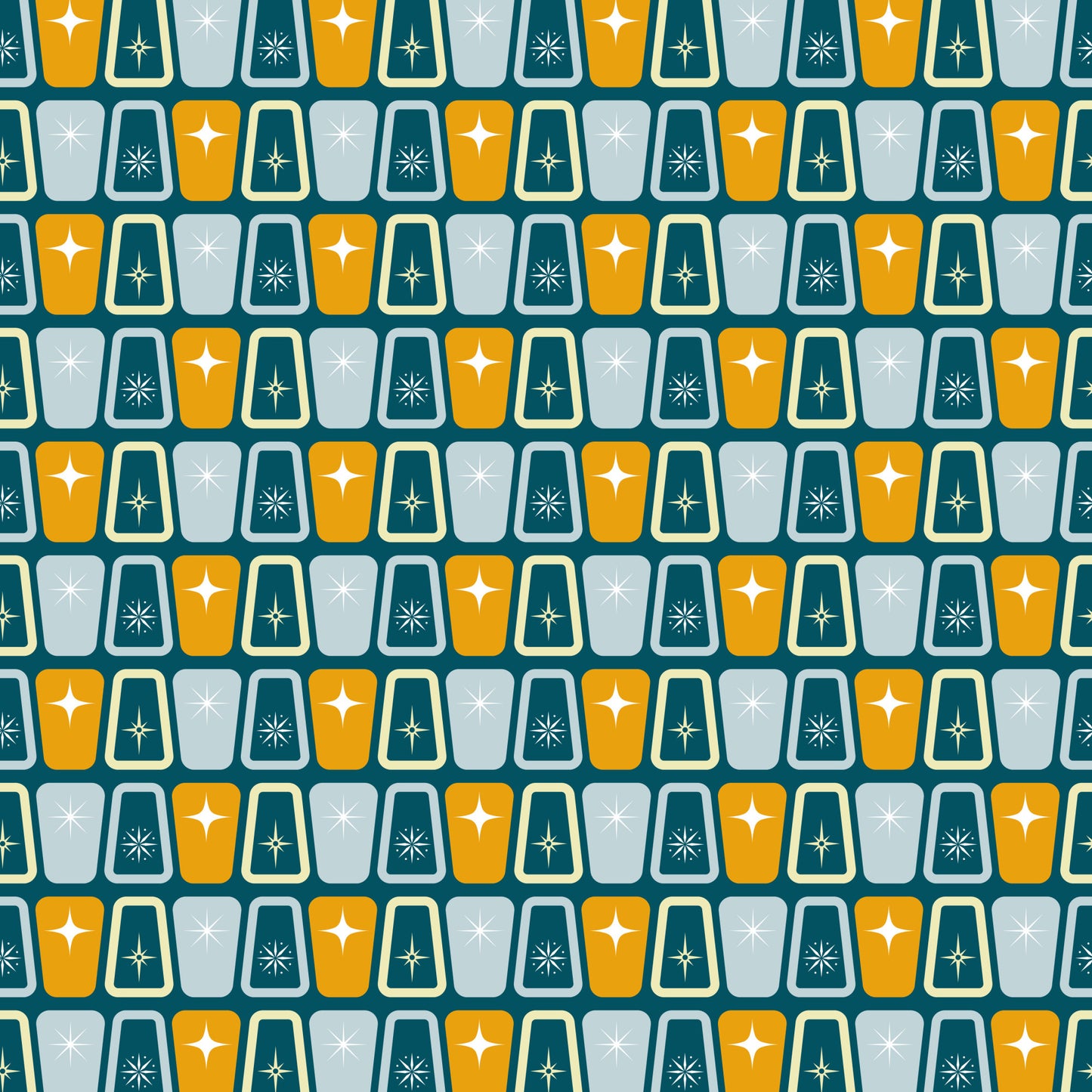 atomic starbursts, mid-century modern, retro pattern, orange, teal, gray, geometric shapes, starburst motifs, quilting cotton, repeating pattern, vintage style, 1950s inspired, angular design, modernist, fabric panel, crafting material, nostalgic, space age, atomic era, symmetrical design