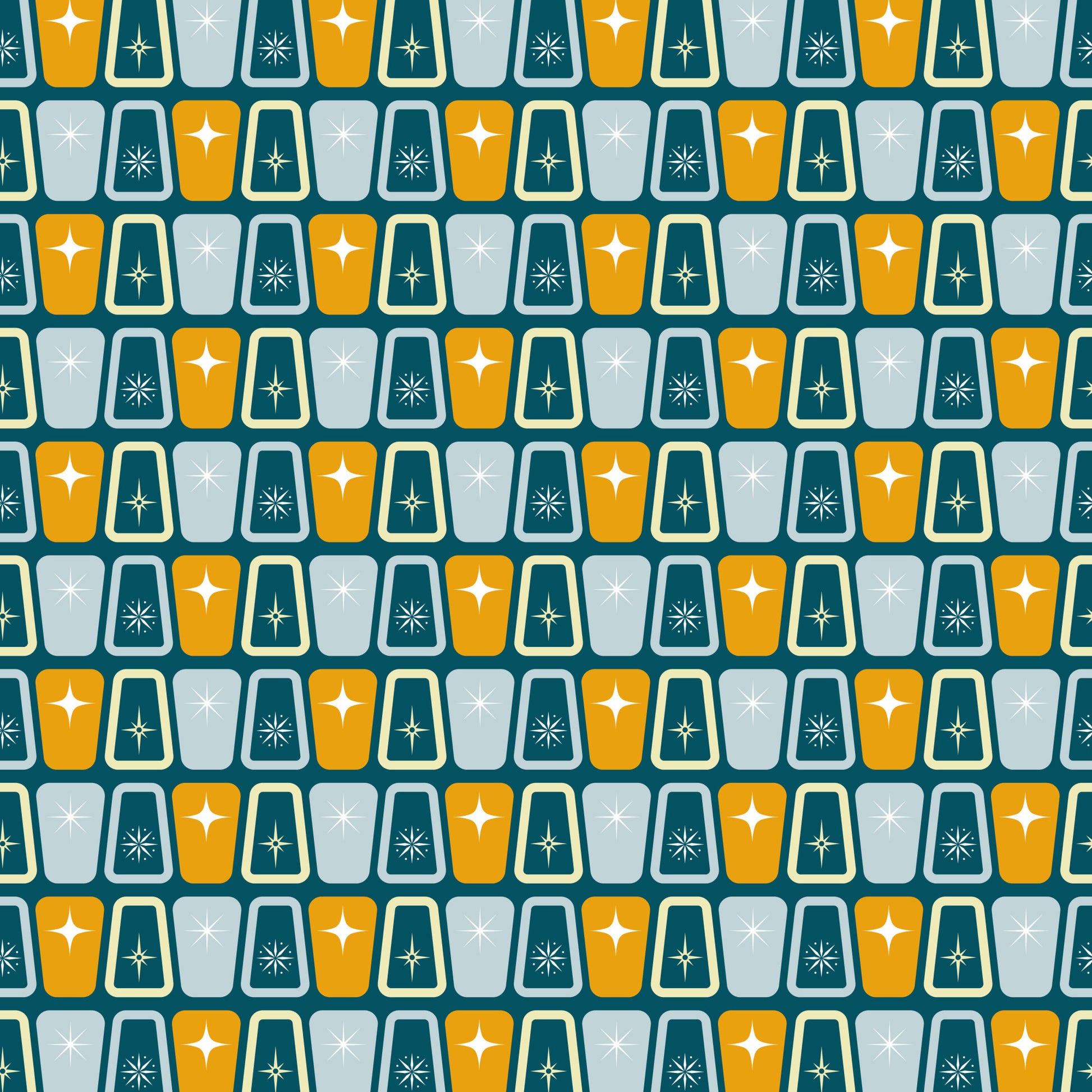 atomic starbursts, mid-century modern, retro pattern, orange, teal, gray, geometric shapes, starburst motifs, quilting cotton, repeating pattern, vintage style, 1950s inspired, angular design, modernist, fabric panel, crafting material, nostalgic, space age, atomic era, symmetrical design