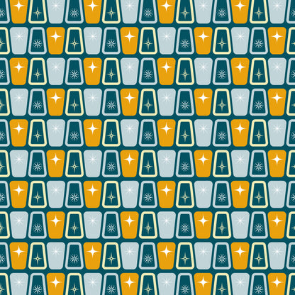 atomic starbursts, mid-century modern, retro pattern, orange, teal, gray, geometric shapes, starburst motifs, quilting cotton, repeating pattern, vintage style, 1950s inspired, angular design, modernist, fabric panel, crafting material, nostalgic, space age, atomic era, symmetrical design