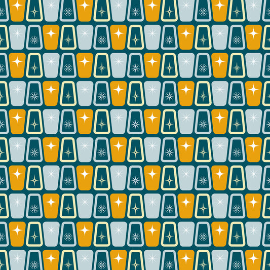 atomic starbursts, mid-century modern, retro pattern, orange, teal, gray, geometric shapes, starburst motifs, quilting cotton, repeating pattern, vintage style, 1950s inspired, angular design, modernist, fabric panel, crafting material, nostalgic, space age, atomic era, symmetrical design
