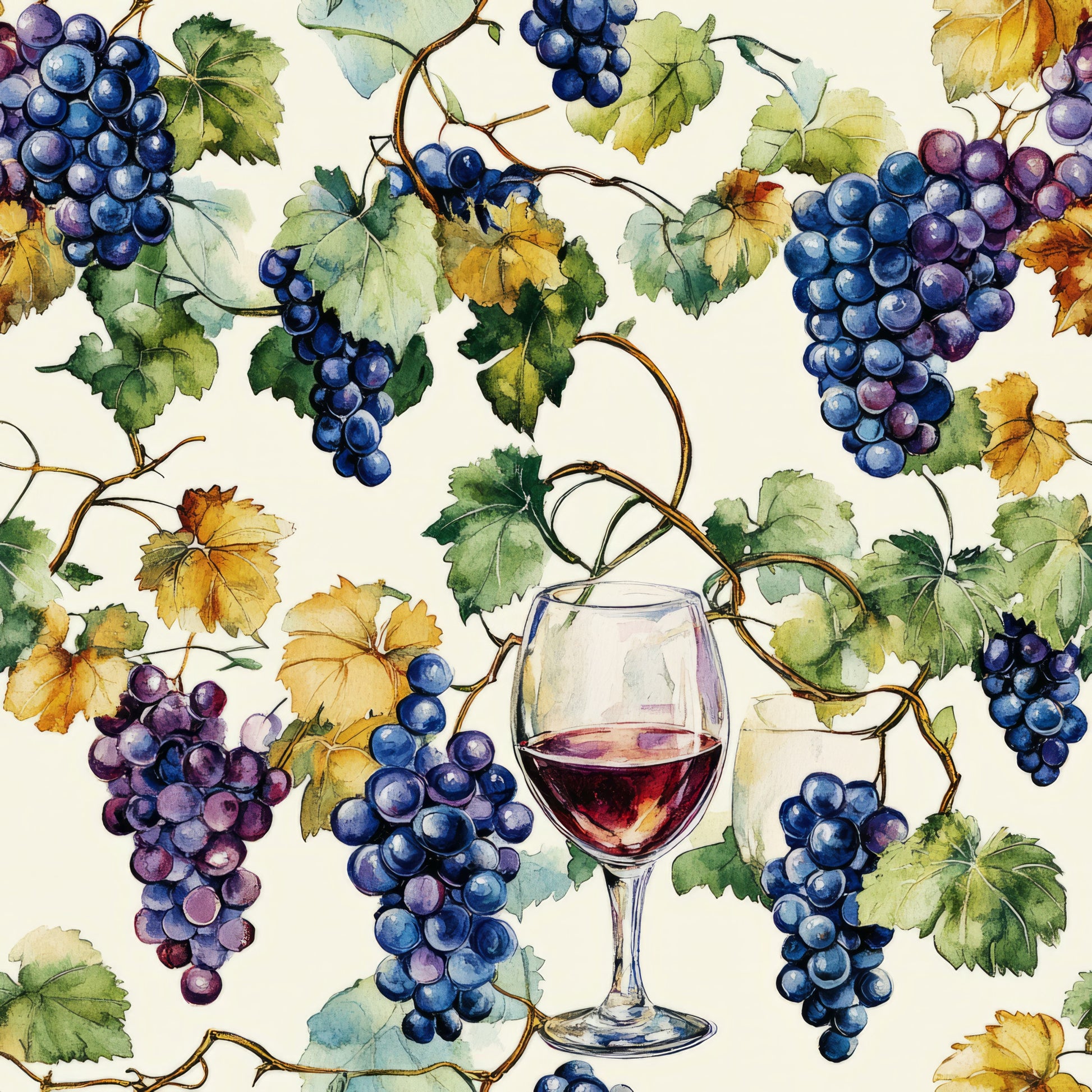 wine glass, grapes, vineyard, watercolor style, purple grapes, blue grapes, green leaves, autumn leaves, yellow leaves, grapevines, wine theme, botanical pattern, fruit motif, quilting cotton, fabric panel, cream background, red wine, harvest theme, nature design, artistic illustration