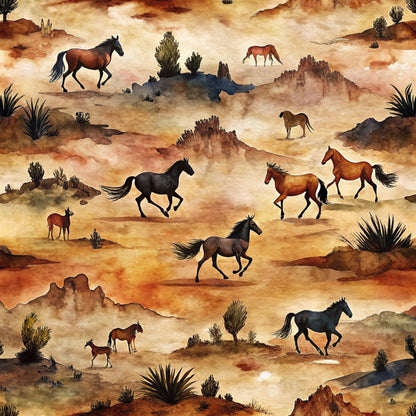 wild horses, galloping horses, desert landscape, southwestern scene, earthy tones, rust orange, sandy beige, deep browns, black horses, chestnut horses, rocky terrain, desert plants, cacti, mesa formations, watercolor style, western theme, quilting cotton, fabric panel, horse pattern, dusty atmosphere