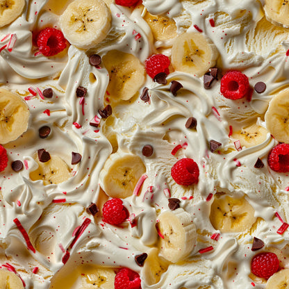 whipped cream, banana slices, raspberries, chocolate chips, candy sprinkles, white background, food pattern, dessert motif, creamy texture, yellow bananas, red berries, brown chocolate, sweet treats, quilting cotton, fabric panel, indulgent design, colorful toppings, swirled cream, junk food theme, playful pattern