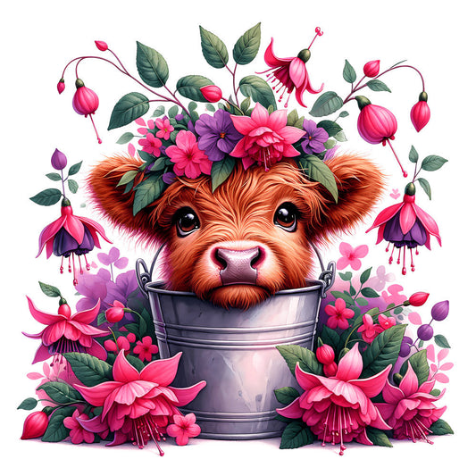 Cute Highland Cows in Buckets Fabric Panel 14