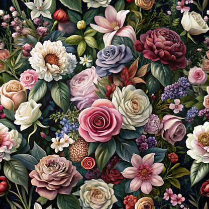 realistic flowers, botanical pattern, roses, peonies, dahlias, magnolia blossoms, dusty rose, mauve, sage green, cream white, burgundy, lavender purple, coral pink, dark navy background, floral arrangement, cottage garden style, vintage botanical, quilting cotton, fabric panel, romantic florals, detailed petals, lush foliage, spring blooms