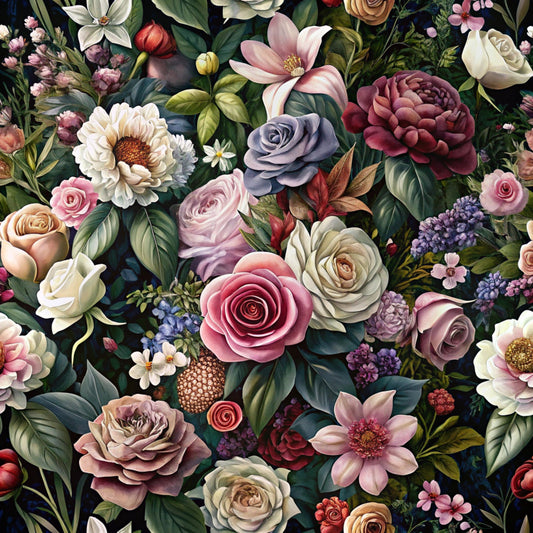 realistic flowers, botanical pattern, roses, peonies, dahlias, magnolia blossoms, dusty rose, mauve, sage green, cream white, burgundy, lavender purple, coral pink, dark navy background, floral arrangement, cottage garden style, vintage botanical, quilting cotton, fabric panel, romantic florals, detailed petals, lush foliage, spring blooms