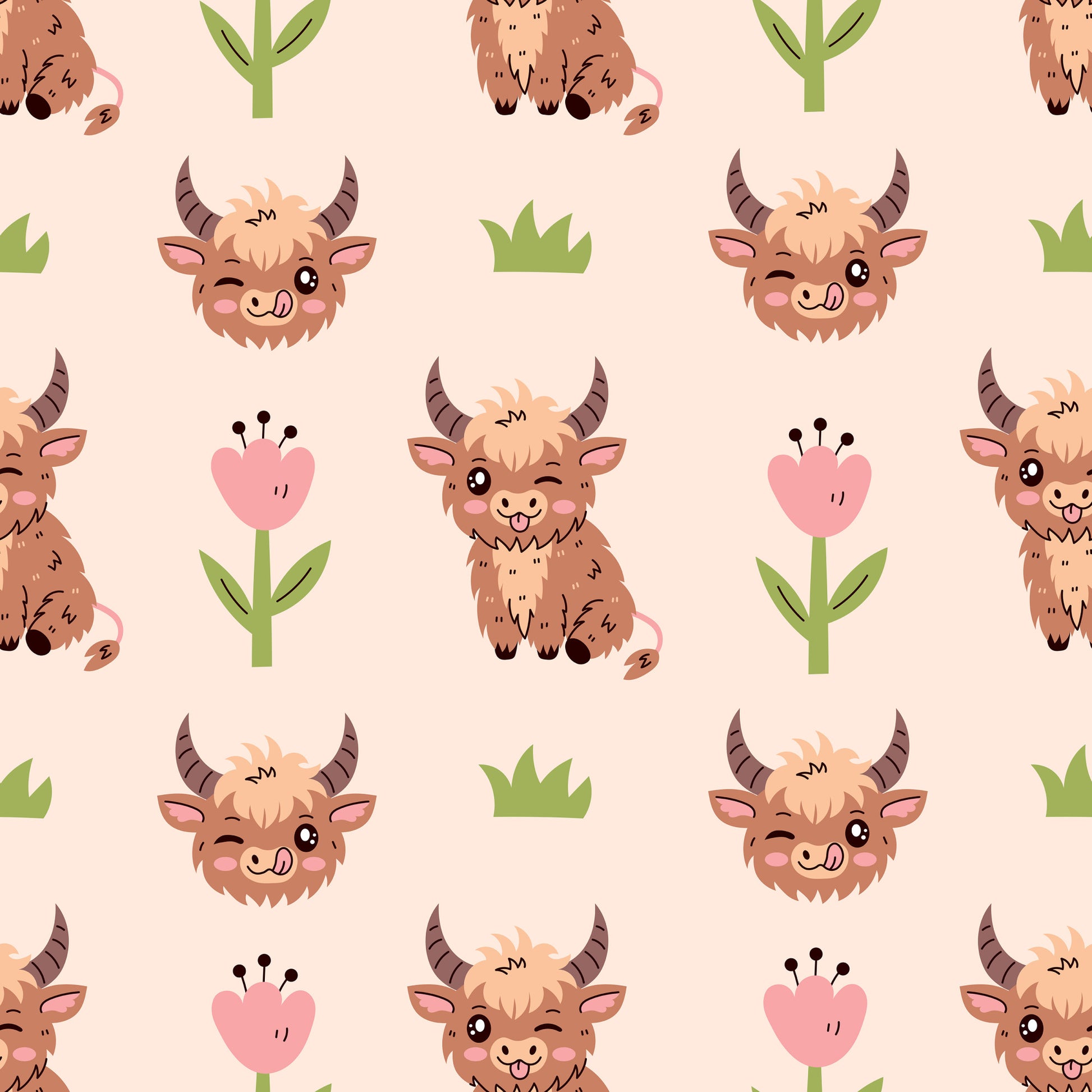 cute baby animals, highland cows, kawaii style, cartoon animals, brown fur, pink flowers, green grass, peach background, quilting cotton, fabric panel, repeating pattern, adorable faces, horned cattle, pastoral theme, children's fabric, soft colors, whimsical design, nursery fabric, animal heads, floral elements