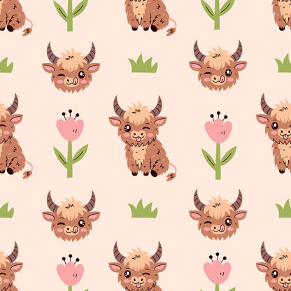 cute baby animals, highland cows, kawaii style, cartoon animals, brown fur, pink flowers, green grass, peach background, quilting cotton, fabric panel, repeating pattern, adorable faces, horned cattle, pastoral theme, children's fabric, soft colors, whimsical design, nursery fabric, animal heads, floral elements