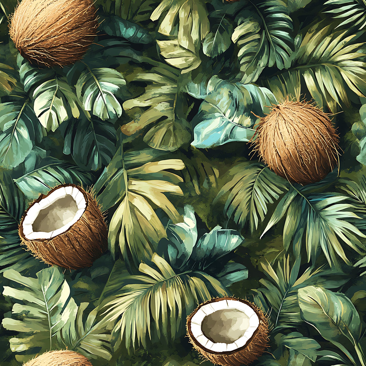 coconut jungle, tropical leaves, brown coconuts, forest green, sage green, golden yellow, palm fronds, monstera leaves, split coconuts, white coconut meat, botanical pattern, tropical foliage, quilting cotton, fabric panel, lush vegetation, exotic plants, natural elements, earthy tones, dense foliage, tropical paradise