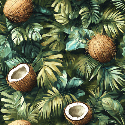 coconut jungle, tropical leaves, brown coconuts, forest green, sage green, golden yellow, palm fronds, monstera leaves, split coconuts, white coconut meat, botanical pattern, tropical foliage, quilting cotton, fabric panel, lush vegetation, exotic plants, natural elements, earthy tones, dense foliage, tropical paradise