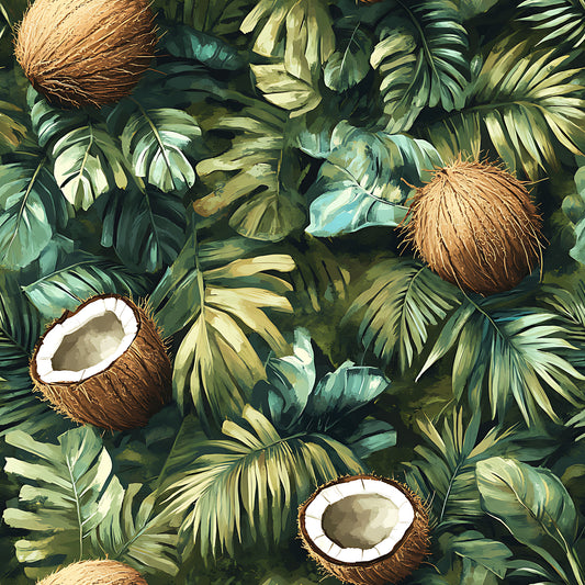coconut jungle, tropical leaves, brown coconuts, forest green, sage green, golden yellow, palm fronds, monstera leaves, split coconuts, white coconut meat, botanical pattern, tropical foliage, quilting cotton, fabric panel, lush vegetation, exotic plants, natural elements, earthy tones, dense foliage, tropical paradise