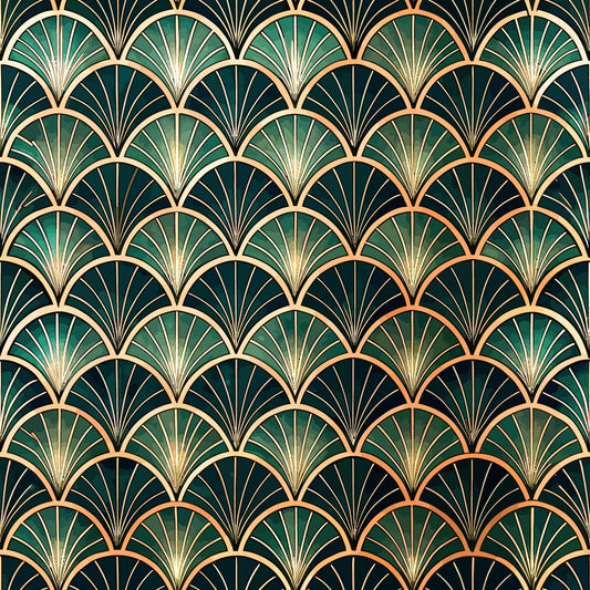 art deco, fan pattern, geometric design, emerald green, forest green, gold accents, copper highlights, radiating lines, scalloped motifs, vintage style, luxury pattern, quilting cotton, fabric panel, repeating motif, glamorous, sophisticated, 1920s inspired, ornate design, metallic details, overlapping scales