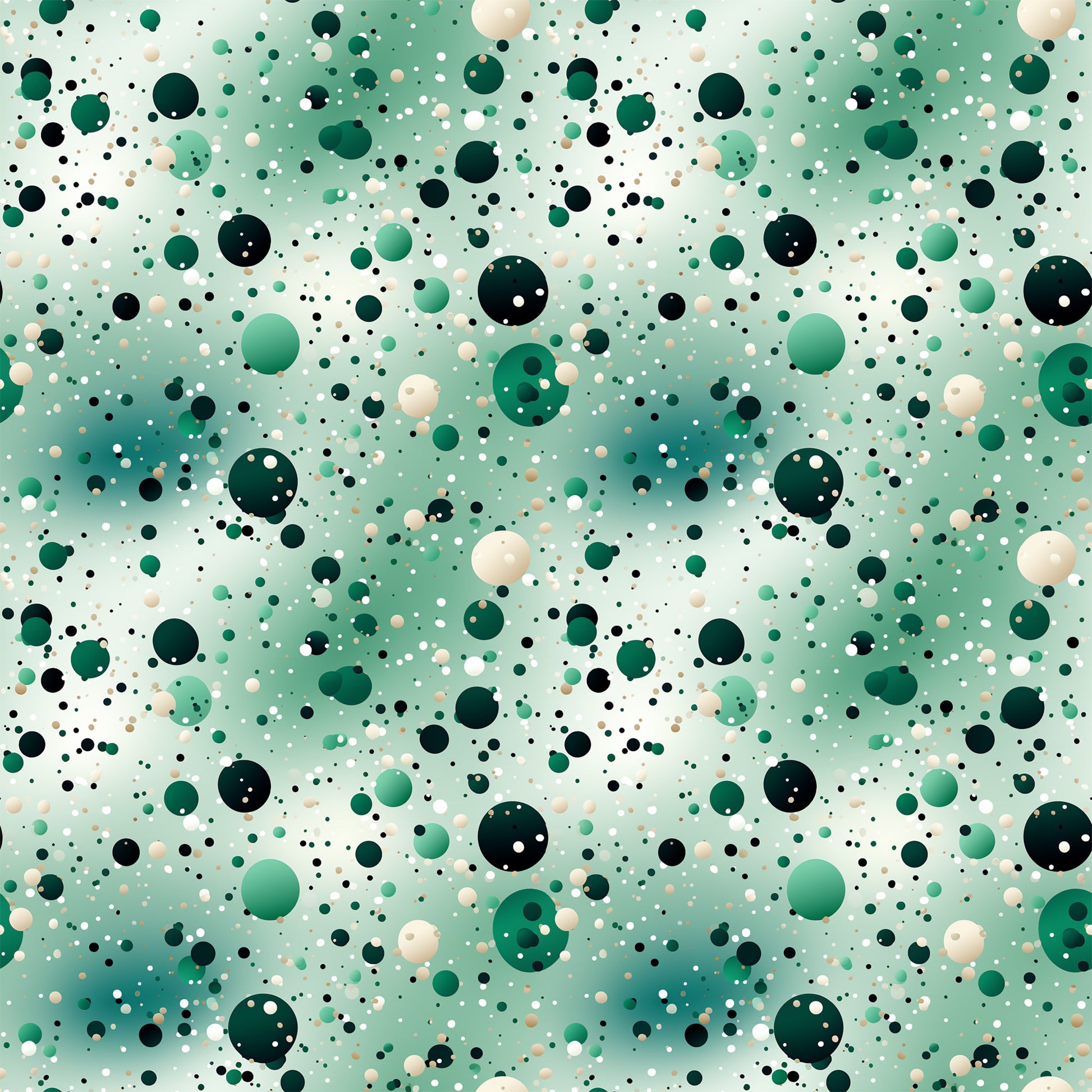 green, emerald, sage, cream, beige, black, white, confetti, dots, circles, polka dots, scattered pattern, abstract, modern, geometric, quilting cotton, fabric panel, cheerful, playful, random placement, bubble pattern