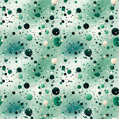 green, emerald, sage, cream, beige, black, white, confetti, dots, circles, polka dots, scattered pattern, abstract, modern, geometric, quilting cotton, fabric panel, cheerful, playful, random placement, bubble pattern