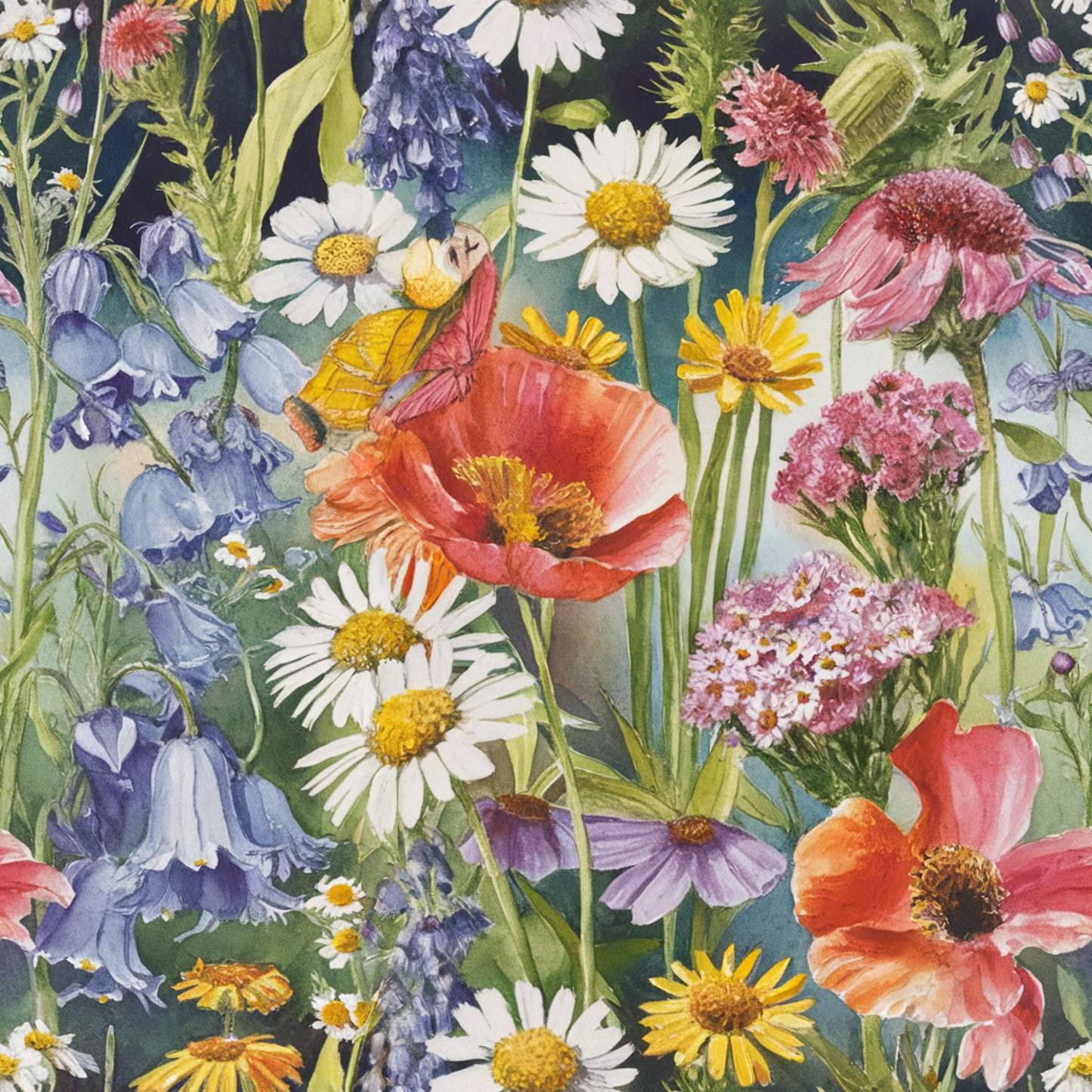wildflower fantasy, quilting cotton, fabric panel, botanical illustration, watercolor style, coral poppies, white daisies, purple lupines, pink coneflowers, yellow wildflowers, blue campanula, meadow flowers, nature motif, floral pattern, spring blooms, garden flowers, realistic florals, cottage core, whimsical design, vibrant colors