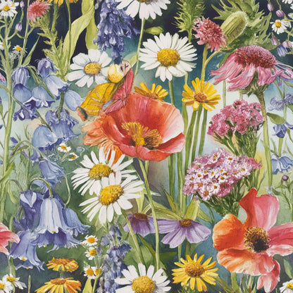wildflower fantasy, quilting cotton, fabric panel, botanical illustration, watercolor style, coral poppies, white daisies, purple lupines, pink coneflowers, yellow wildflowers, blue campanula, meadow flowers, nature motif, floral pattern, spring blooms, garden flowers, realistic florals, cottage core, whimsical design, vibrant colors