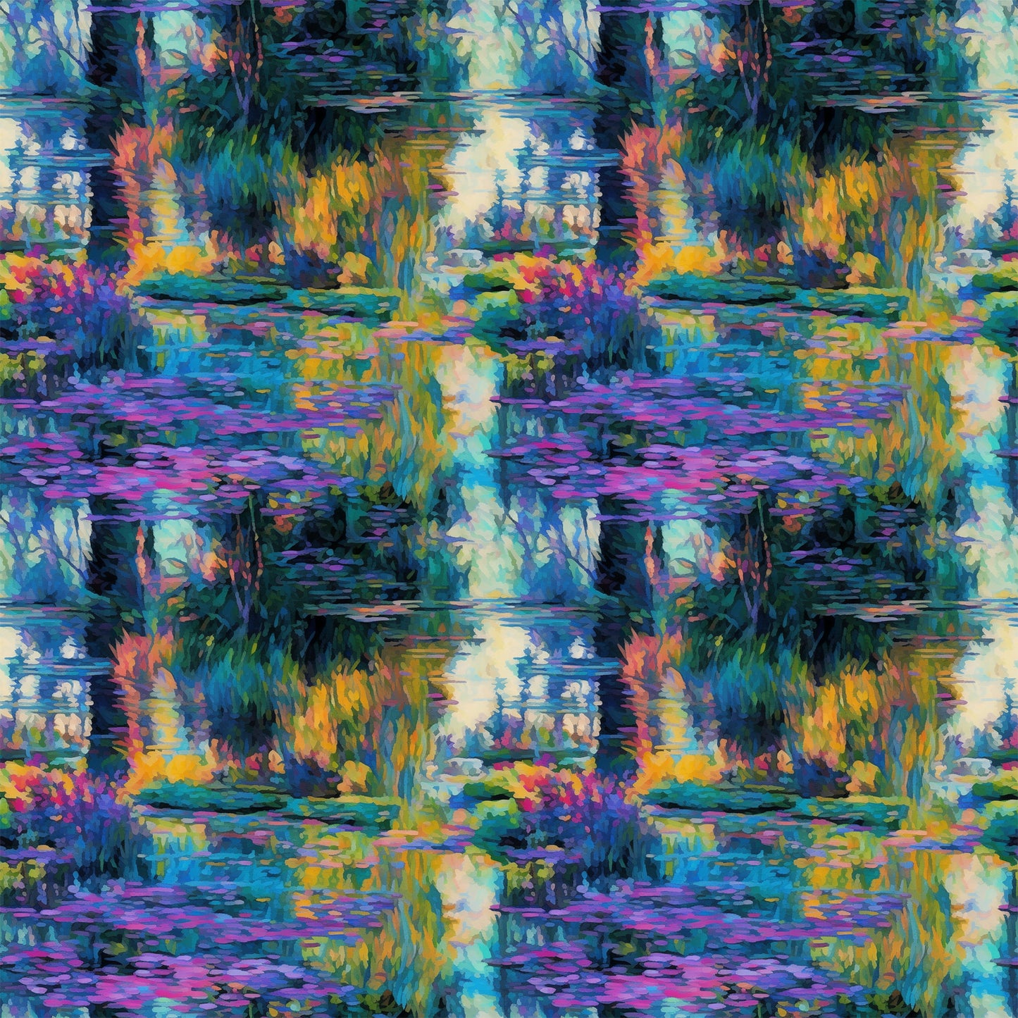 impressionist style, water lilies, pond scene, vibrant blues, purple hues, green foliage, yellow reflections, orange accents, painterly brushstrokes, nature motif, aquatic plants, reflective water, artistic reproduction, quilting cotton, fabric panel, monet inspired, garden scene, peaceful mood, floral elements, impressionist painting