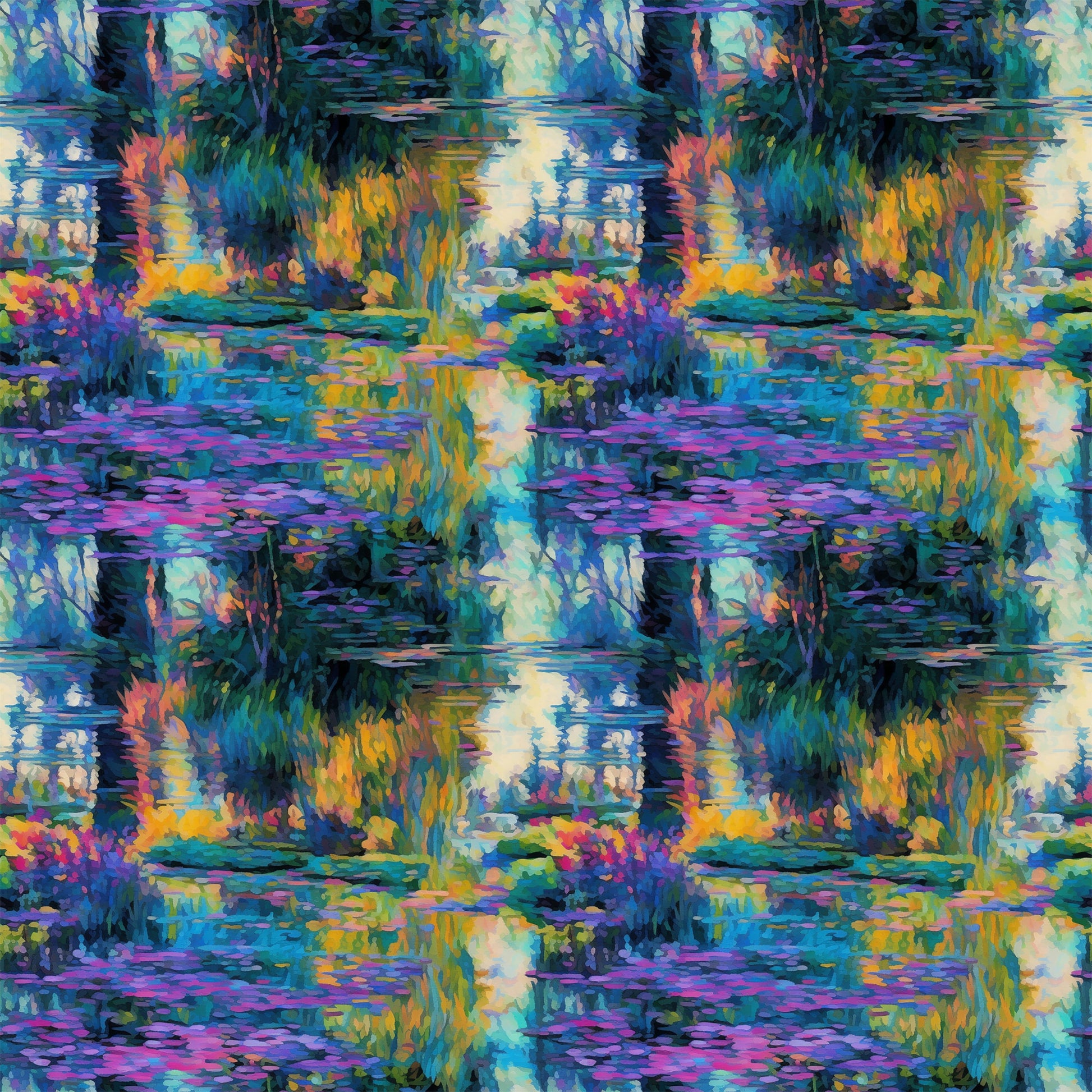impressionist style, water lilies, pond scene, vibrant blues, purple hues, green foliage, yellow reflections, orange accents, painterly brushstrokes, nature motif, aquatic plants, reflective water, artistic reproduction, quilting cotton, fabric panel, monet inspired, garden scene, peaceful mood, floral elements, impressionist painting