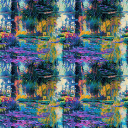 impressionist style, water lilies, pond scene, vibrant blues, purple hues, green foliage, yellow reflections, orange accents, painterly brushstrokes, nature motif, aquatic plants, reflective water, artistic reproduction, quilting cotton, fabric panel, monet inspired, garden scene, peaceful mood, floral elements, impressionist painting
