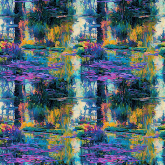 impressionist style, water lilies, pond scene, vibrant blues, purple hues, green foliage, yellow reflections, orange accents, painterly brushstrokes, nature motif, aquatic plants, reflective water, artistic reproduction, quilting cotton, fabric panel, monet inspired, garden scene, peaceful mood, floral elements, impressionist painting
