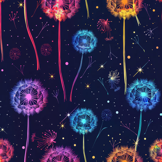 midnight blue, dandelions, fireworks, cotton fabric, quilting panel, navy background, pink flowers, turquoise blooms, orange dandelions, purple flowers, yellow accents, whimsical pattern, seed heads, floral design, botanical print, vibrant colors, nature motifs, repeating pattern, craft fabric, sewing material