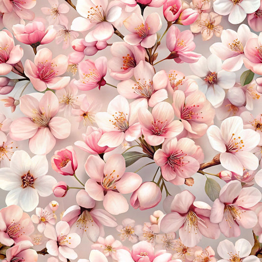 pink flowers, cherry blossoms, floral pattern, realistic blooms, soft pink, blush tones, white petals, botanical design, spring flowers, delicate stamens, quilting cotton, fabric panel, seamless pattern, feminine floral, pastel colors, nature motif, blooming branches, romantic florals, crafting fabric, cotton material
