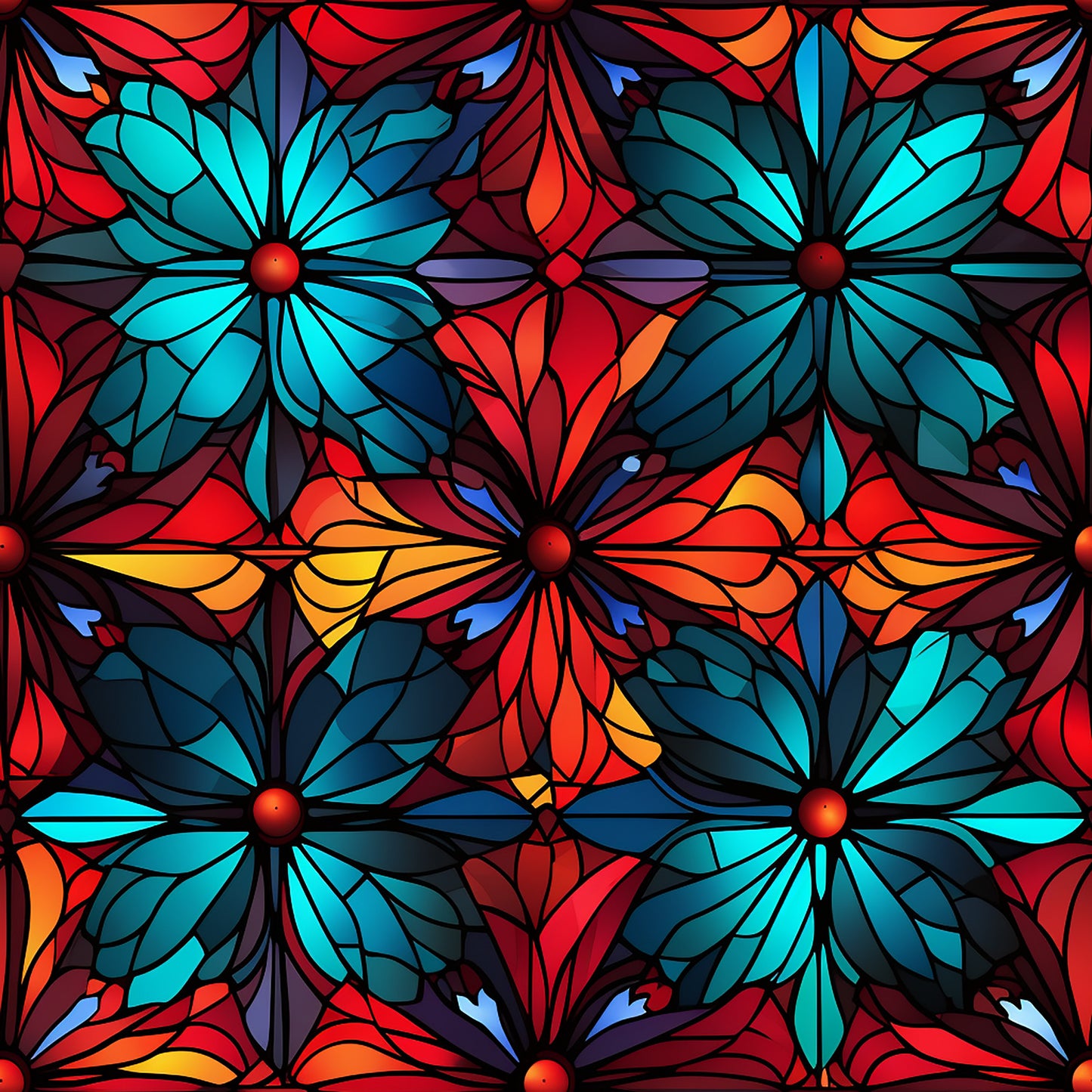 stained glass, christmas pattern, quilting cotton, fabric panel, floral motifs, geometric design, turquoise, red, orange, yellow, blue, radial flowers, mosaic style, holiday fabric, decorative pattern, vibrant colors, symmetrical design, crafting material, sewing fabric, festive theme