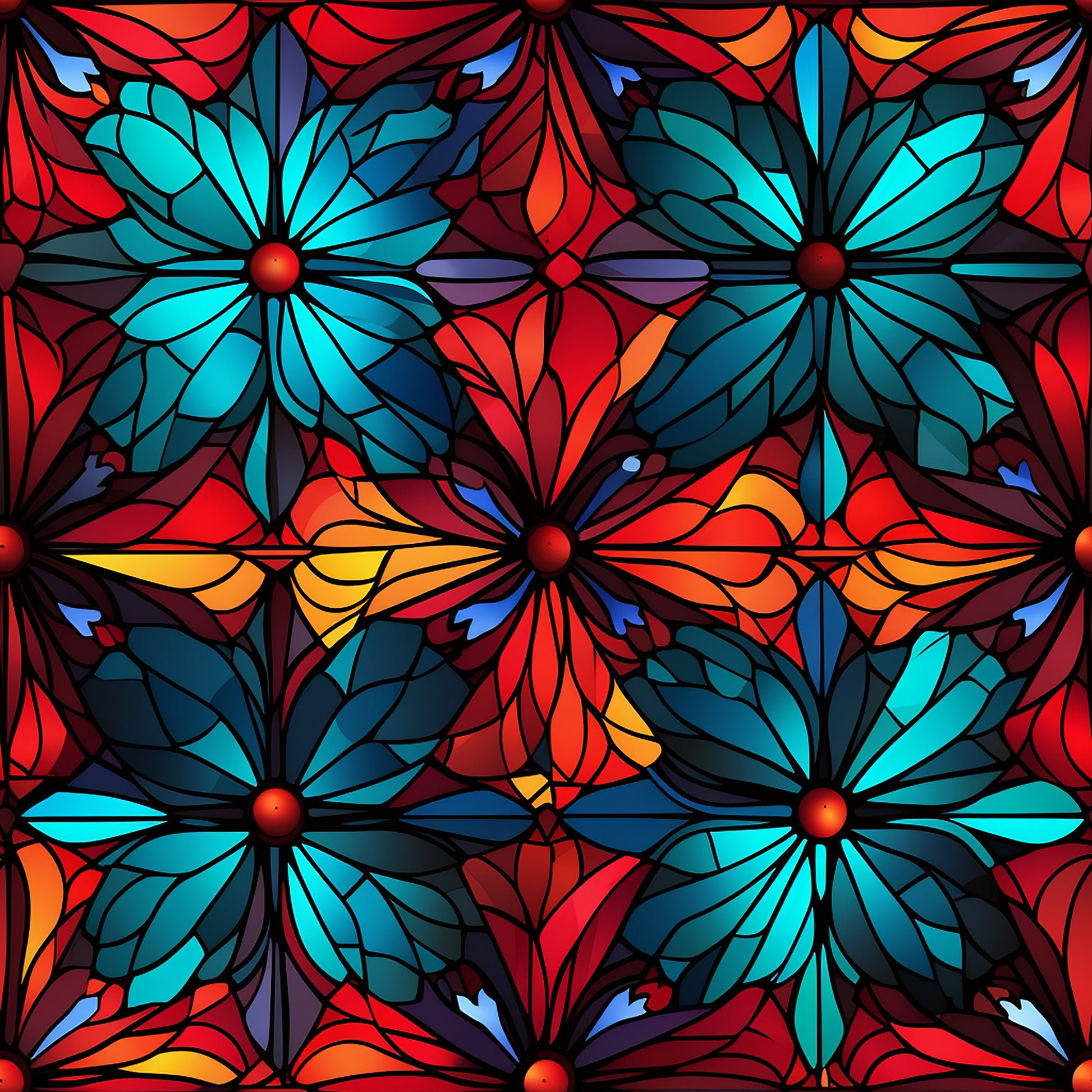 stained glass, christmas pattern, quilting cotton, fabric panel, floral motifs, geometric design, turquoise, red, orange, yellow, blue, radial flowers, mosaic style, holiday fabric, decorative pattern, vibrant colors, symmetrical design, crafting material, sewing fabric, festive theme