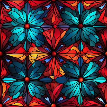 stained glass, christmas pattern, quilting cotton, fabric panel, floral motifs, geometric design, turquoise, red, orange, yellow, blue, radial flowers, mosaic style, holiday fabric, decorative pattern, vibrant colors, symmetrical design, crafting material, sewing fabric, festive theme