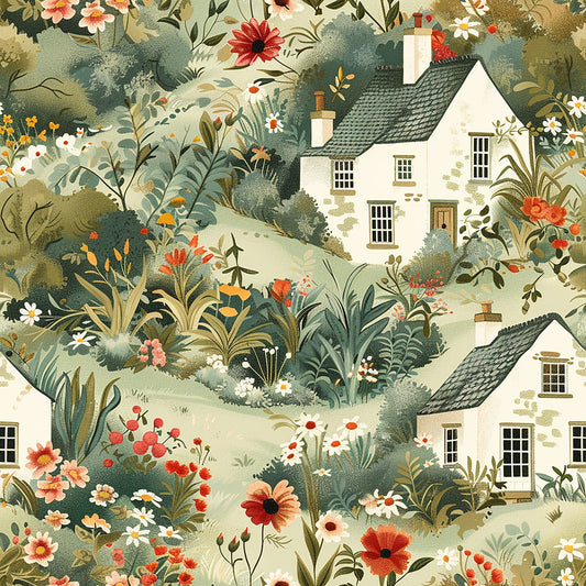 sage green, cream white, coral pink, orange red, brown accents, cottage houses, wildflowers, botanical foliage, english countryside, cottagecore aesthetic, quilting cotton, fabric panel, whimsical illustration, pastoral scene, floral motifs, rolling hills, charming village, nature inspired, vintage style, seamless repeat