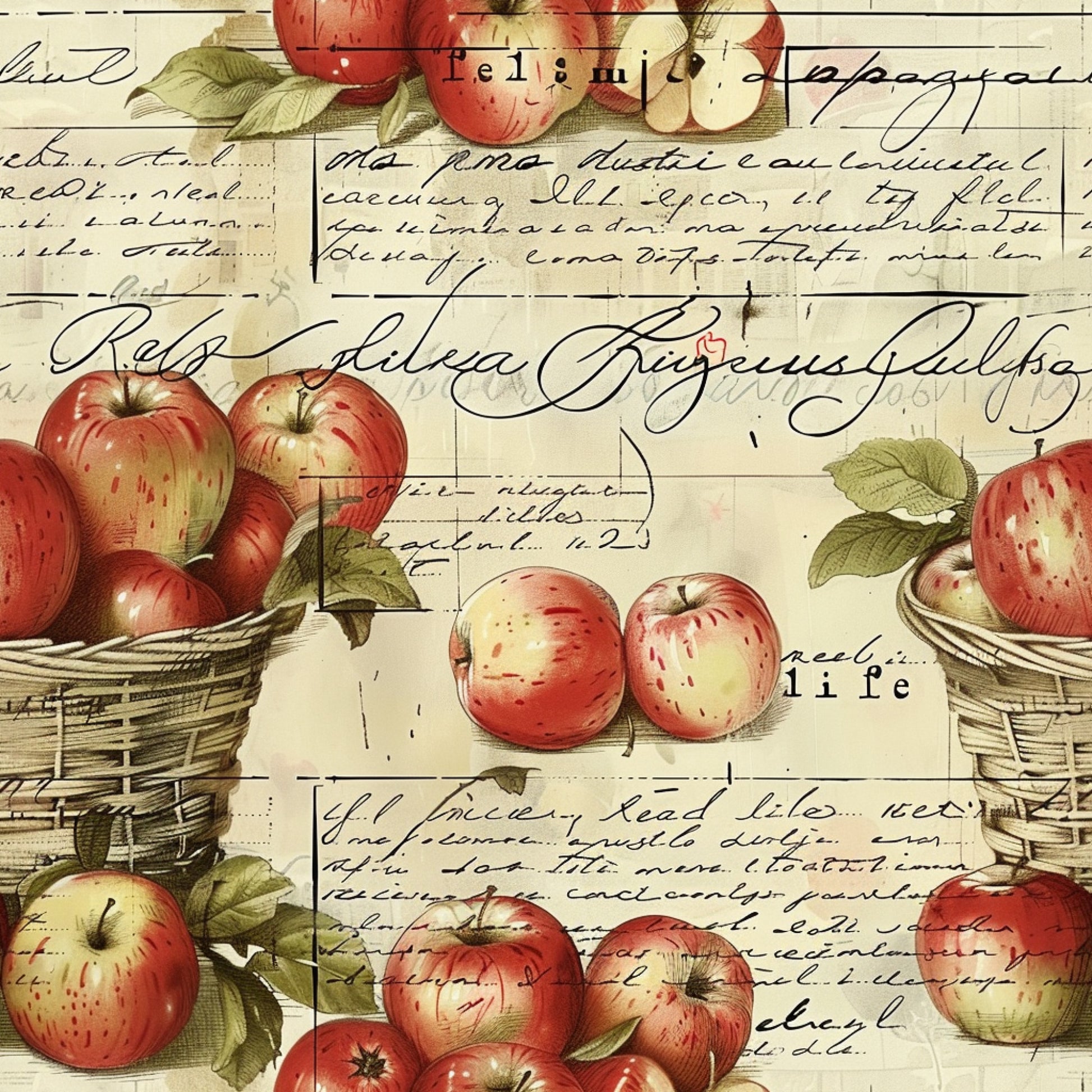 red apples, green leaves, wicker baskets, vintage script, handwritten text, cream background, botanical illustration, farm fresh, rustic style, quilting cotton, fabric panel, harvest theme, country kitchen, antique postcard, sepia tones, natural colors, cottage core, farmhouse aesthetic, fruit motifs