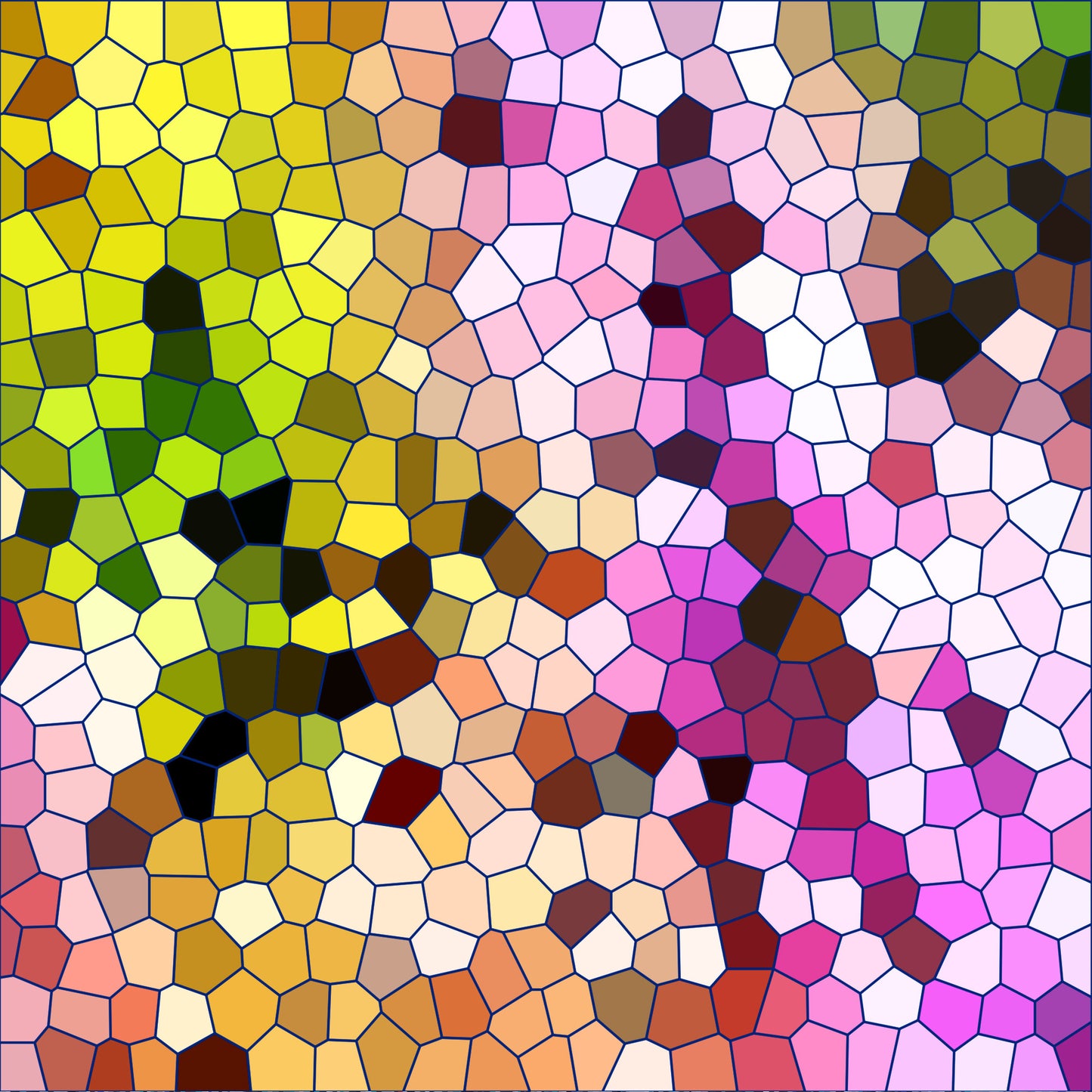 mosaic pattern, stained glass, geometric shapes, polygonal design, yellow tones, pink hues, green shades, orange accents, purple sections, white highlights, brown patches, abstract art, colorful tessellation, quilting cotton, fabric panel, contemporary style, vibrant colors, honeycomb structure, modern mosaic, artistic pattern