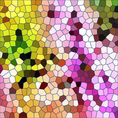 mosaic pattern, stained glass, geometric shapes, polygonal design, yellow tones, pink hues, green shades, orange accents, purple sections, white highlights, brown patches, abstract art, colorful tessellation, quilting cotton, fabric panel, contemporary style, vibrant colors, honeycomb structure, modern mosaic, artistic pattern