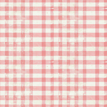 vintage pink, coral pink, cream white, gingham pattern, checkered design, distressed texture, weathered look, shabby chic, rustic charm, quilting cotton, fabric panel, pastel colors, cottage style, worn finish, alternating squares, geometric pattern, soft pink, antique style, crafting material