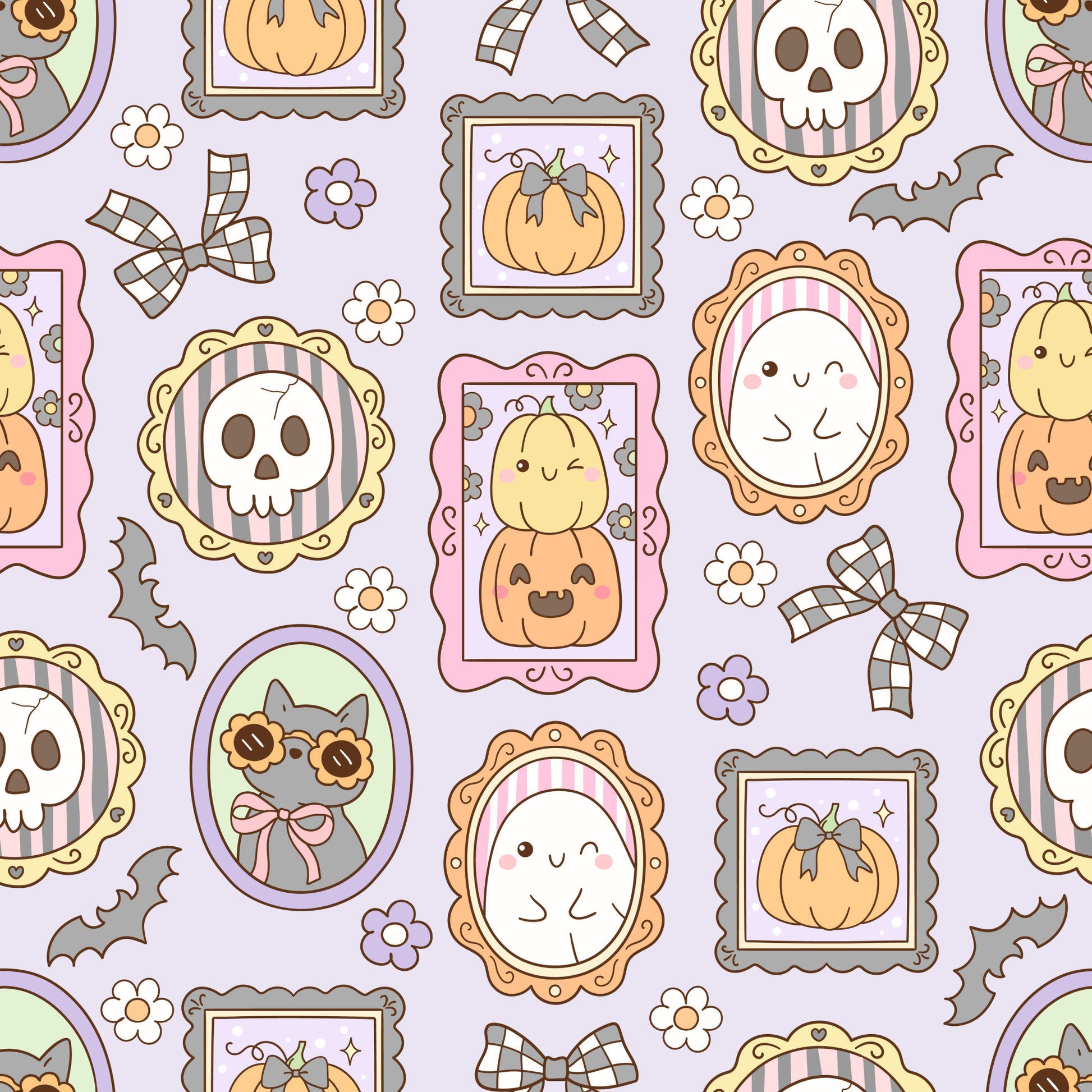 lavender, pink, orange, yellow, halloween, pumpkins, skulls, ghosts, bats, picture frames, kawaii style, cute spooky, plaid bows, flowers, quilting cotton, fabric panel, pastel colors, autumn themed, repeating pattern, whimsical design