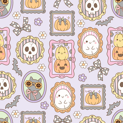 lavender, pink, orange, yellow, halloween, pumpkins, skulls, ghosts, bats, picture frames, kawaii style, cute spooky, plaid bows, flowers, quilting cotton, fabric panel, pastel colors, autumn themed, repeating pattern, whimsical design