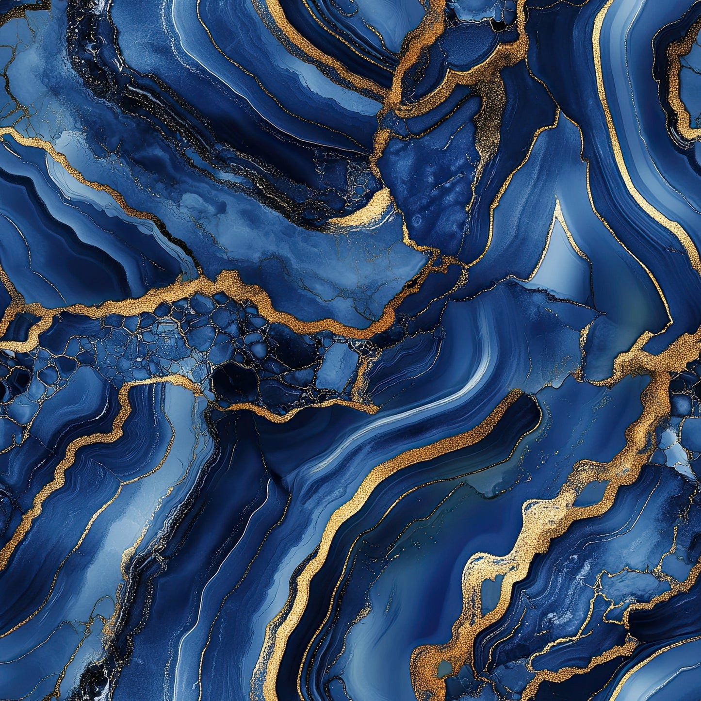 royal blue, navy blue, gold, metallic gold, agate pattern, marble veining, swirling lines, flowing curves, organic shapes, geode design, mineral pattern, luxurious, elegant, sophisticated, quilting cotton, fabric panel, natural stone, fluid movement, rich colors, decorative