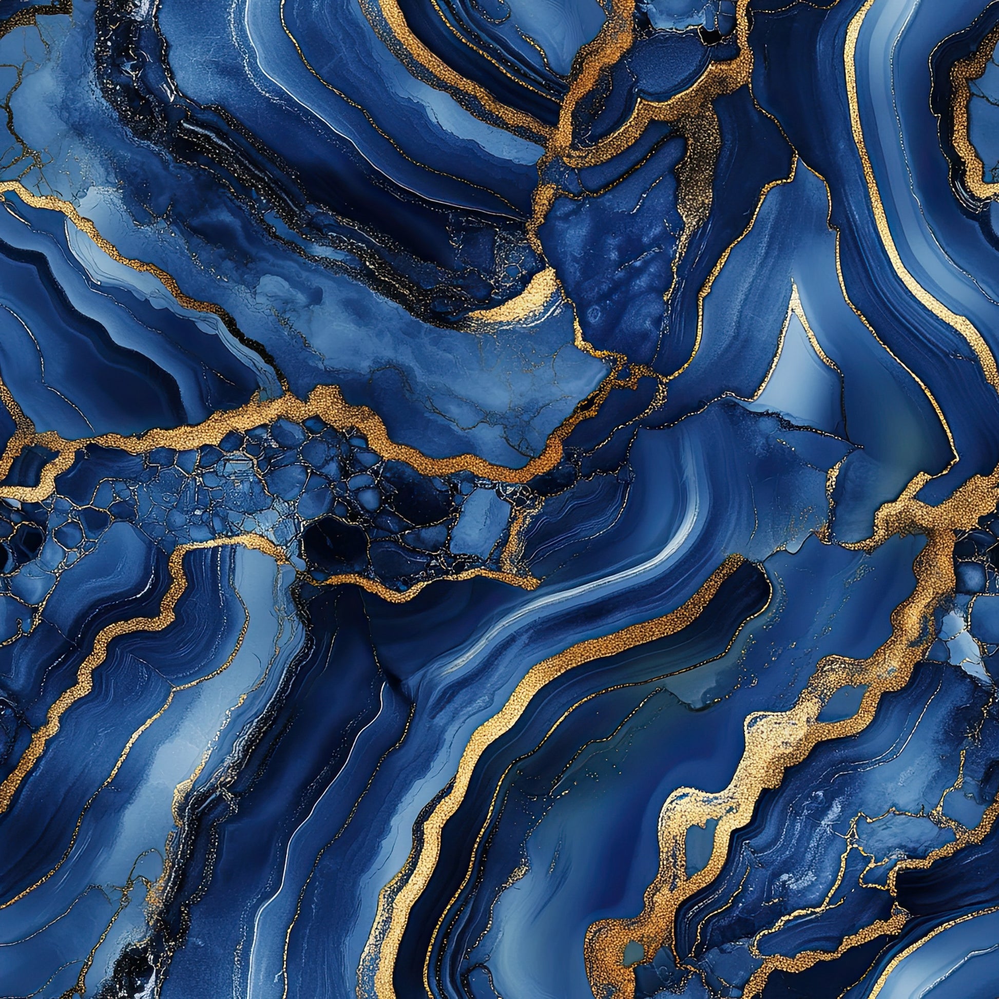 royal blue, navy blue, gold, metallic gold, agate pattern, marble veining, swirling lines, flowing curves, organic shapes, geode design, mineral pattern, luxurious, elegant, sophisticated, quilting cotton, fabric panel, natural stone, fluid movement, rich colors, decorative