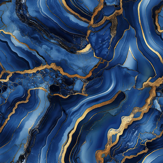 royal blue, navy blue, gold, metallic gold, agate pattern, marble veining, swirling lines, flowing curves, organic shapes, geode design, mineral pattern, luxurious, elegant, sophisticated, quilting cotton, fabric panel, natural stone, fluid movement, rich colors, decorative