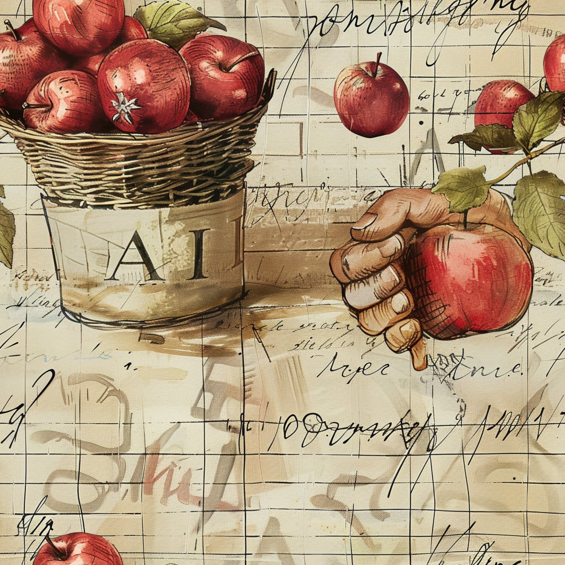 red apples, wicker basket, vintage illustration, farm fresh, hand holding apple, green leaves, beige background, script writing, quilting cotton, fabric panel, rustic style, harvest theme, botanical elements, antique lettering, country living, apple orchard, natural colors, vintage charm, farm produce