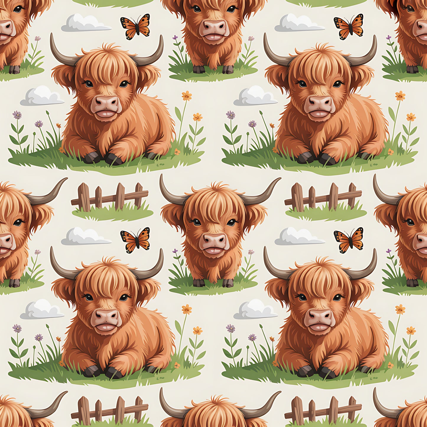 Cartoon Highland Cows Pattern 17 Quilting Cotton Fabric
