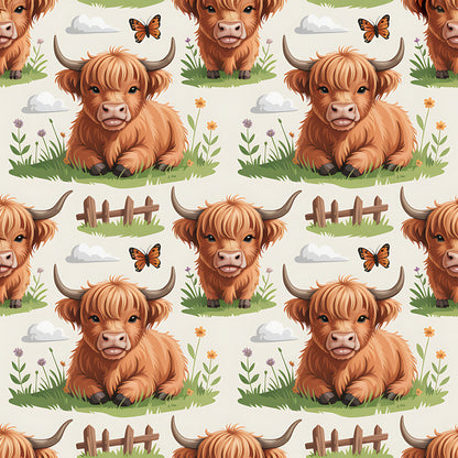 Cartoon Highland Cows Pattern 17 Quilting Cotton Fabric