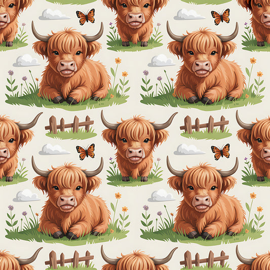 Cartoon Highland Cows Pattern 17 Quilting Cotton Fabric